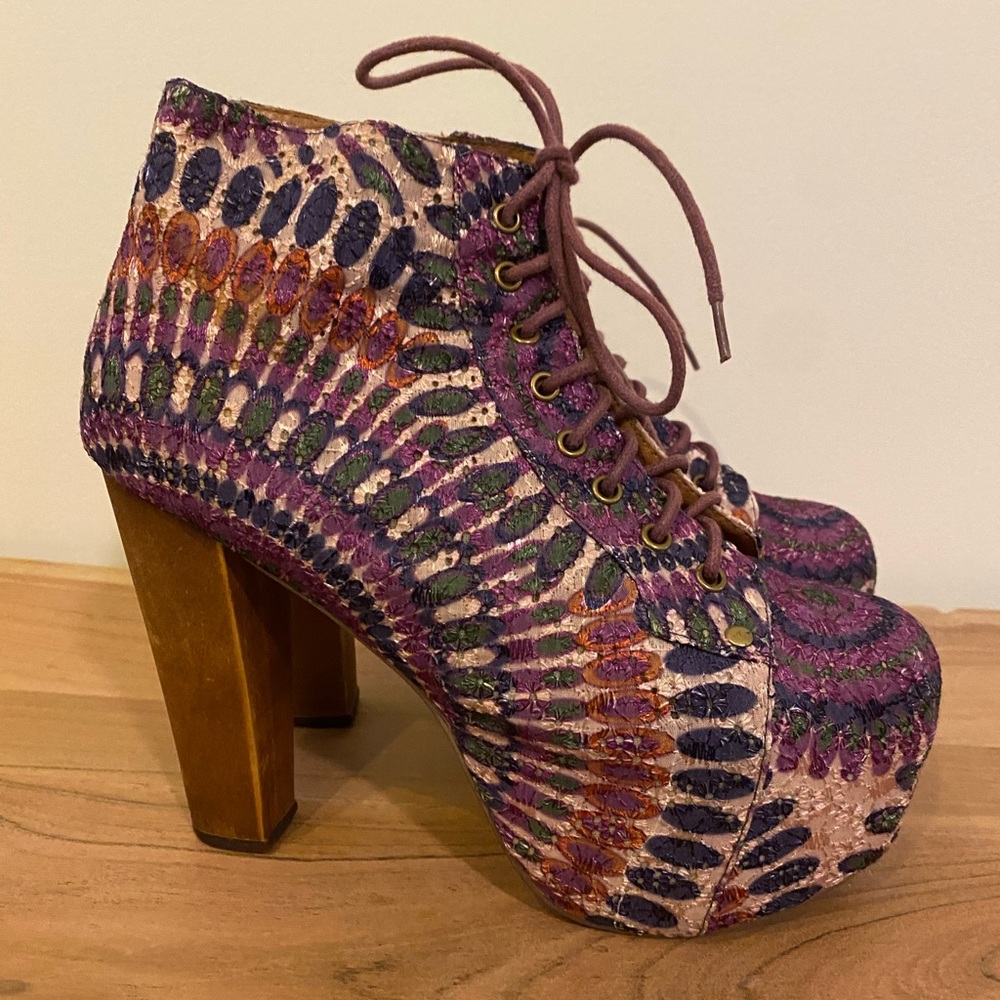 Jefferey Campbell embroidery purple platform bootie booties boot 8.5